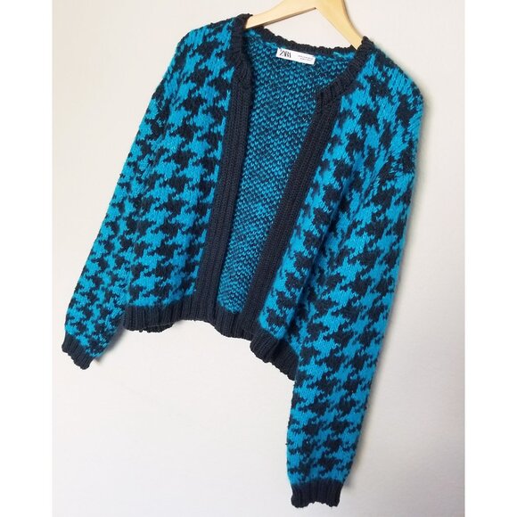 Zara‎ Houndstooth Chunky Blue Black Open Front Cardigan L Slouchy Preppy Casual - Picture 16 of 16